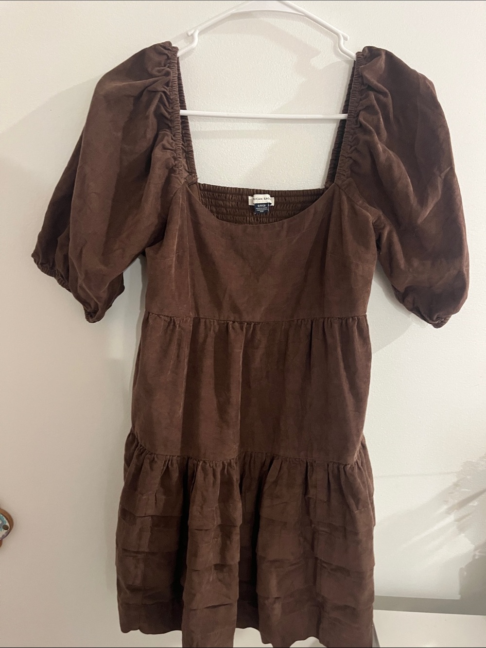 American Eagle Outfitters Brown Puff Sleeve Tiered Mini Dress